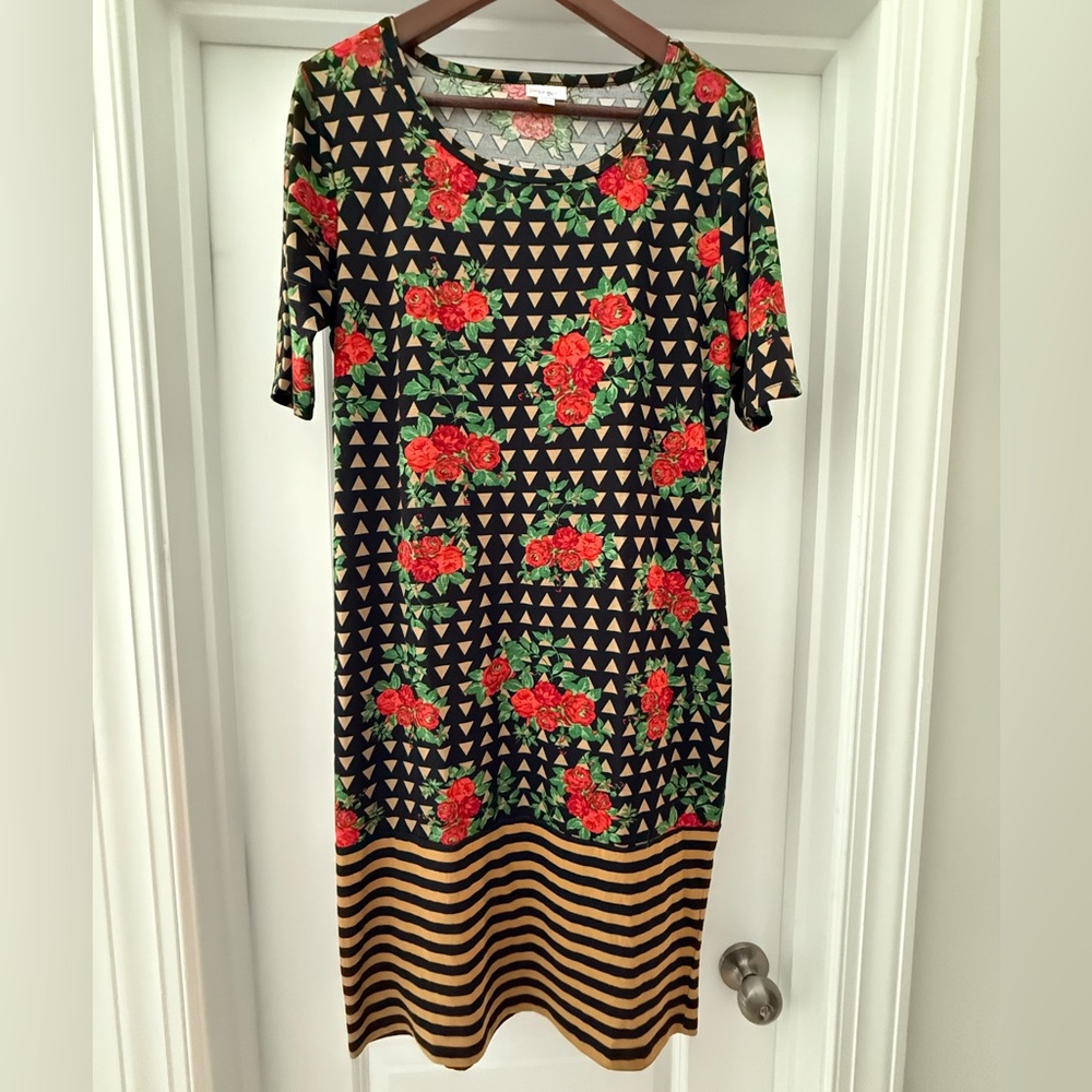LuLaRoe Black Dress with Red Floral and Beige Geometric Patterns